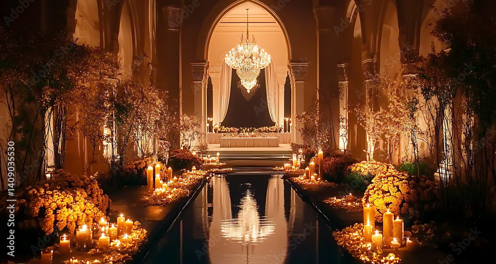 Luxurious wedding scenes in elegant natural and architectural settings, surrounded by florals, candlelight, and evolving romantic atmospheres...