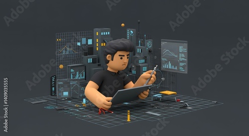 3D Render of a Programmer Working on a Tablet with Data Visualization