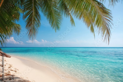 Wallpaper Mural A serene beach scene featuring a palm tree and a vibrant blue ocean, Hello Summer background. Torontodigital.ca