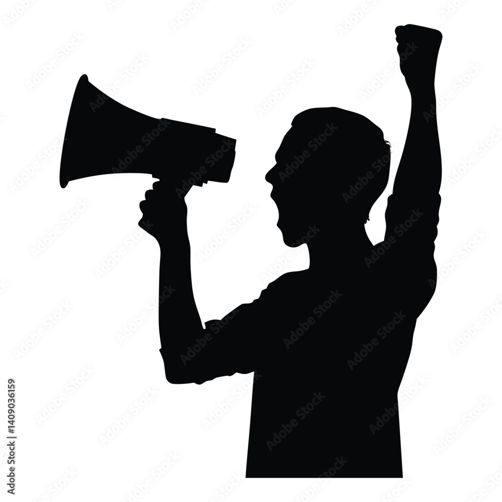 Man shouting into megaphone vector silhouette