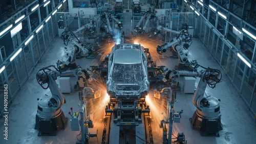 Advanced Robotics and Automation in Vehicle Assembly Line with Dynamic Lighting and Sparks
