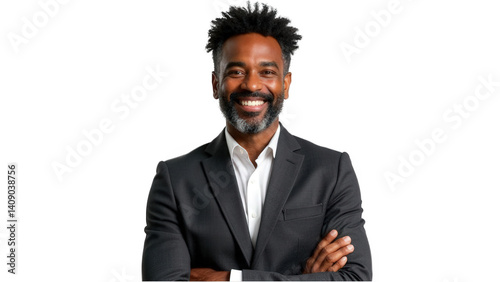 A smiling african american man in a suit with his arms crossed against a black background portrait style isolated over png transparent background