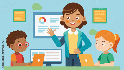 A teacher guides her young students through a coding tutorial using visual programming to introduce them to the basics of logic and problem solving.. Vector illustration