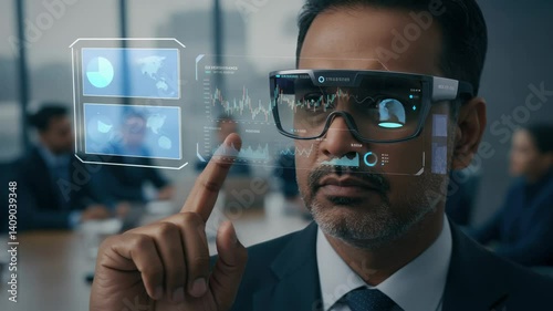 Businessman Using Smart Glasses to Present Data Analysis During Conference Meeting in Office