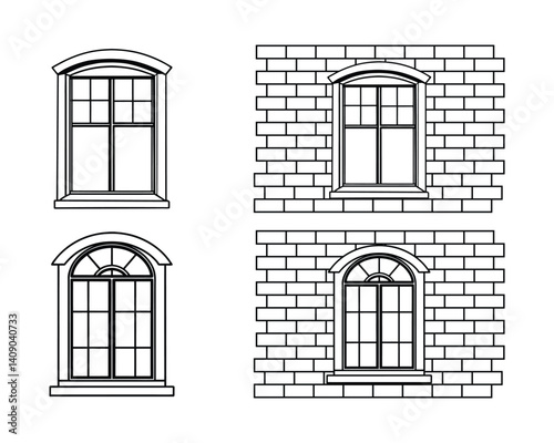 Collection of windows vector icons in classic architecture style. Features detailed arched designs and brick wall structure in black and white.