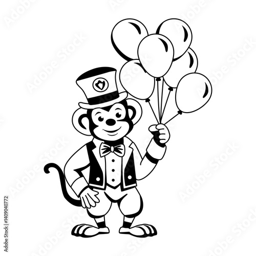 A glyph illustration of a circus monkey holding balloons 
