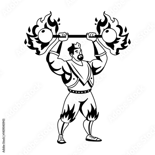Strongman lifting fire dumbbells illustration in glyph style 
