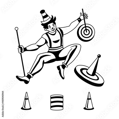Circus clown showing his tricks illustration in glyph style 
