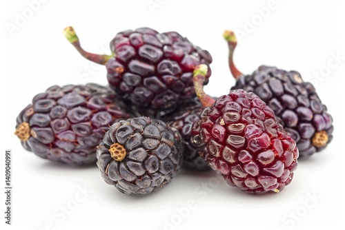 Stacked dried mulberries their wrinkled textures natural curves forming a minimalist composition on a white background