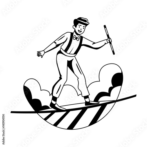 A glyph illustration of tightrope walker balancing with a small stick 
