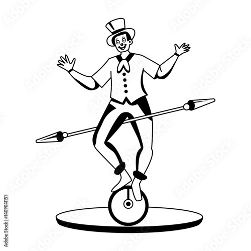 A glyph illustration of a circus character riding unicycle 
