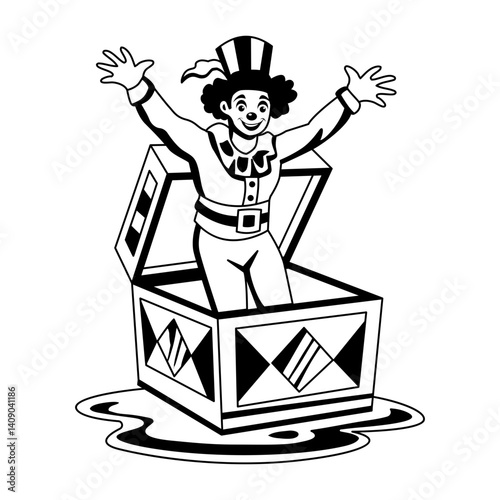 A glyph illustration of a circus artist come from a box 
