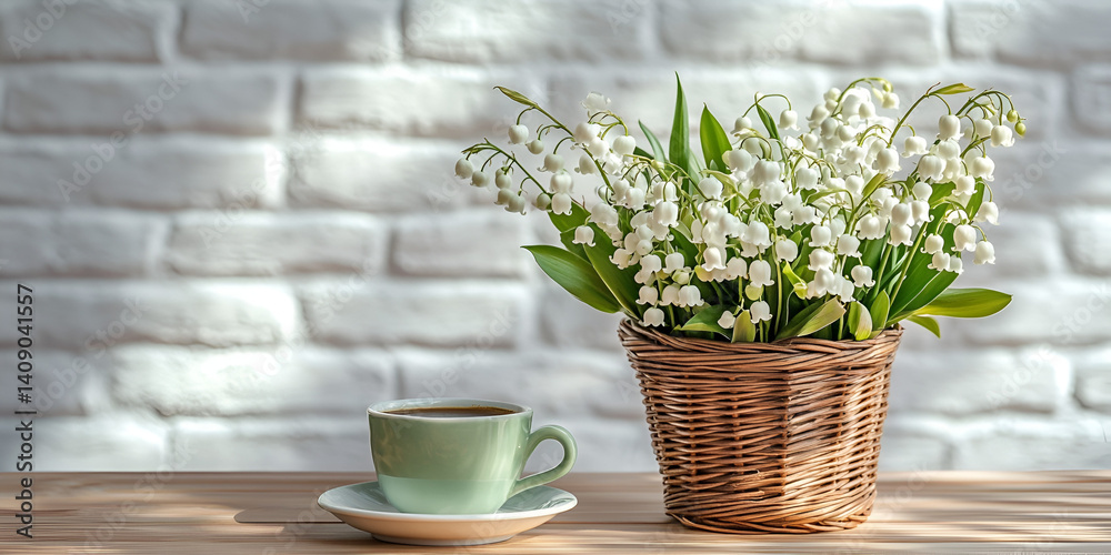 custom made wallpaper toronto digitalLily of the Valley Flowers in Woven Basket with Coffee Cup on Wooden Table