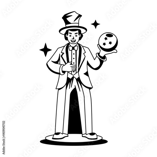 A glyph illustration of a magician holding a magic ball 
