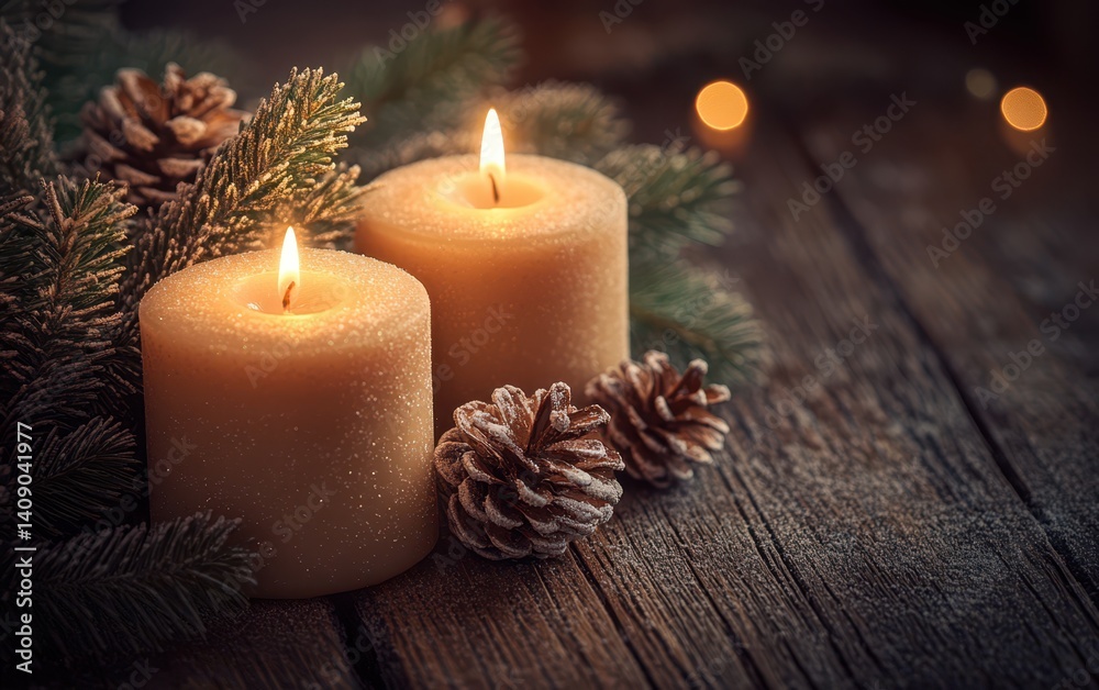 Candles glow on a wooden table adorned with pine cones and twinkling lights. Candles glow on a wooden table adorned with pine cones and twinkling lights.