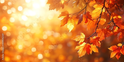 Warm golden sunlight filters through vibrant orange autumn leaves creating a peaceful fall scene Perfect for seasonal greetings and nature-themed designs