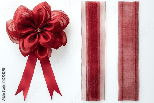 Create a stunning red ribbon flower bow using sheer and satin fabric.  The simple design is perfect for gift wrapping or crafting.  Get inspired and start creating!