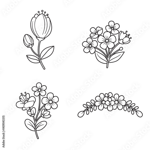 Floral flower set in vintage coloring page format with elegant outline vector illustrations, silhouette botanical design, and fine lines.
