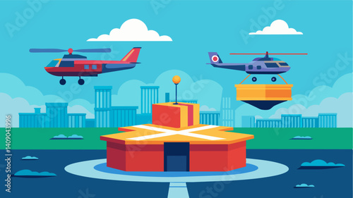 Vertical takeoff and landing pads provide the perfect landing spot for air taxis to drop off their cargos.. Vector illustration