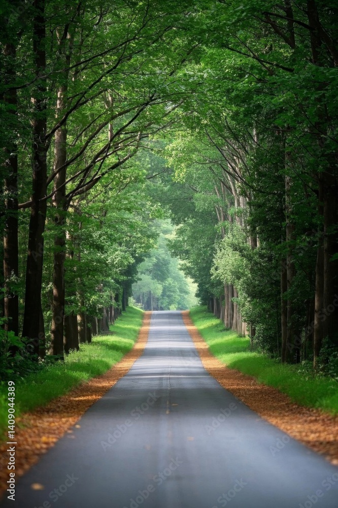 Naklejka premium a view of a road that is lined with trees and leaves