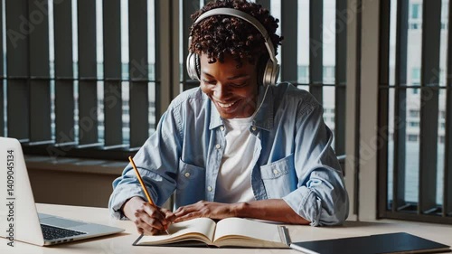 The Student with Headphones Writing