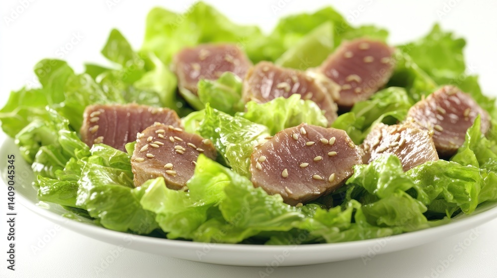 Fresh tuna salad atop crisp greens. Sliced tuna seasoned with sesame seeds rests on a bed of leafy lettuce Fresh tuna salad atop crisp greens. Sliced tuna seasoned with sesame seeds rests on a bed of leafy lettuce