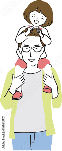 手書き　肩車をいている父と娘　父の日　娘とにっこり