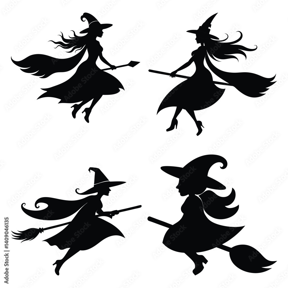 Collection of Elegant Witch Balancing on Broom Silhouette