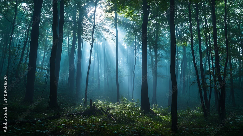 Fototapeta premium Luminous Sunbeams Filtering Through Forest Trees Creating Atmospheric Light and Shadow Effects