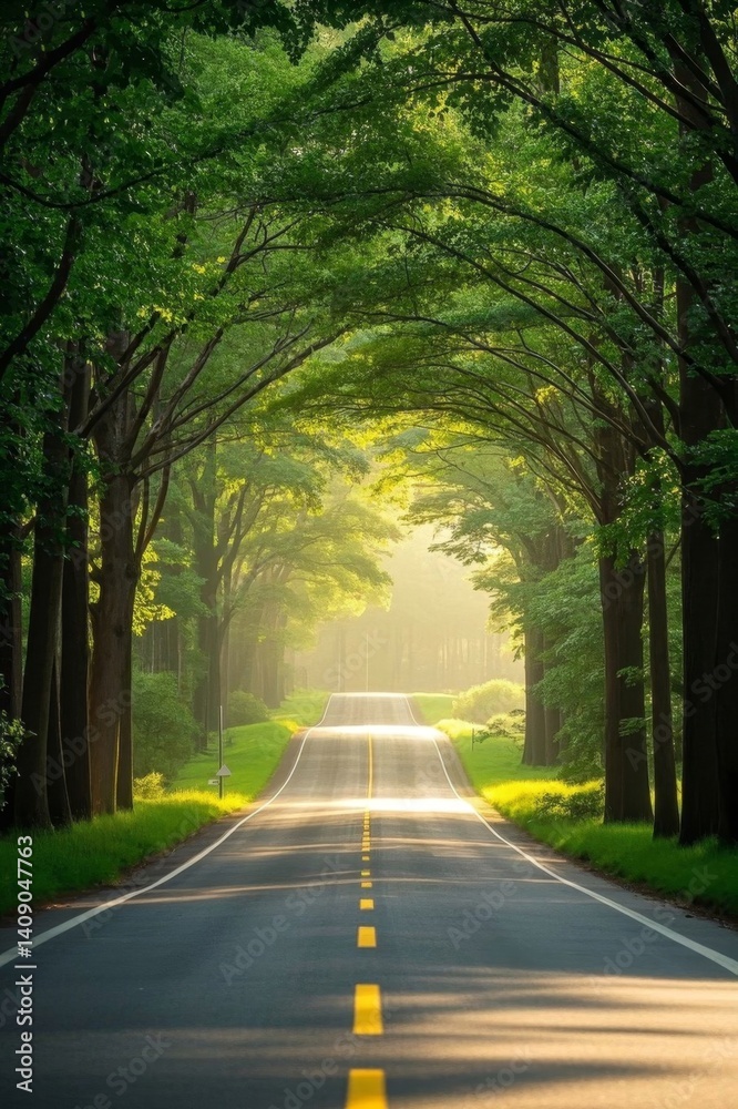 Obraz premium a view of a road with trees and grass on both sides