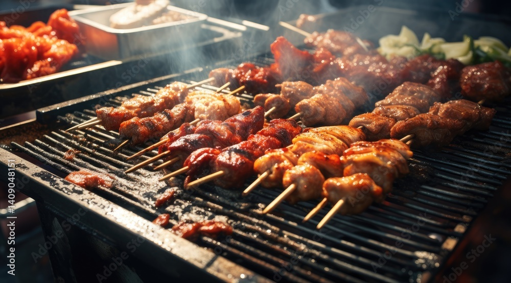A closeup of various smoky street food on grills, including mochi balls and meat skewers, creating an attractive visual display. A closeup of various smoky street food on grills, including mochi balls and meat skewers, creating an attractive visual display.
