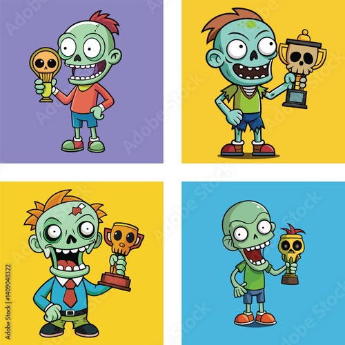 Cartoon Zombies Holding Skull Trophies Set Against Colorful Backgrounds Vector Illustration