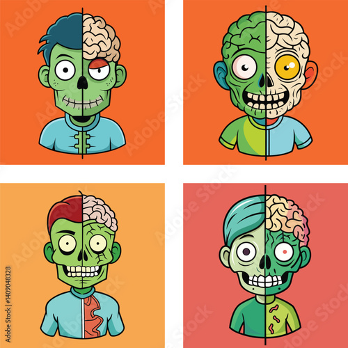 Cartoon Zombie Head With Half Brain In Square Layout Halloween Graphic