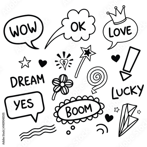 cute hand drawn doodle vector set, love, Natural , firework, cloud, weather, rainbow, snow, heart and creative design vector collection. face, arow rainbow, show
