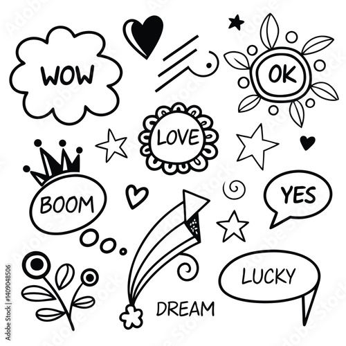 cute hand drawn doodle vector set, love, Natural , firework, cloud, weather, rainbow, snow, heart and creative design vector collection. face, arow rainbow, show