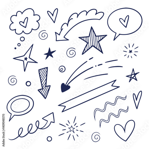 cute hand drawn doodle vector set, love, Natural , firework, cloud, weather, rainbow, snow, heart and creative design vector collection. face, arow rainbow, show