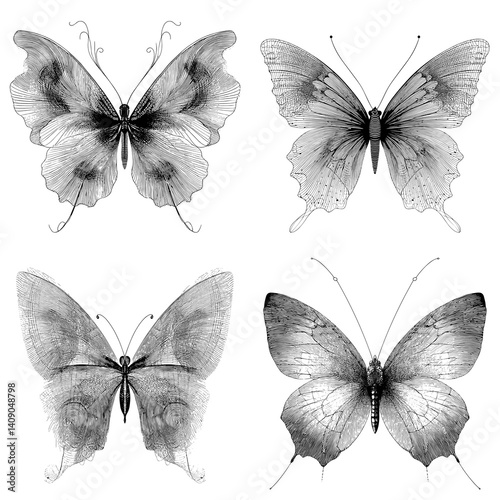 Elegant black and white butterfly illustrations with detailed wings, perfect for nature-themed art, tattoos, vintage prints, entomology visuals, or botanical-style designs.

