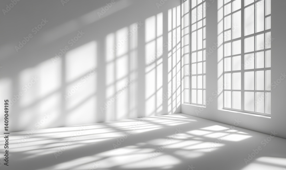 The concept revolves around a minimalist, modern, light, empty, shadowy, and architectural space, specifically a white room with diagonal window light patterns The concept revolves around a minimalist, modern, light, empty, shadowy, and architectural space, specifically a white room with diagonal window light patterns