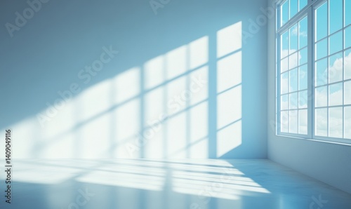 A modern, empty, and clean white room serves as the backdrop for the shadow of a window pane on the wall and floor, highlighting the concept of minimalism and the subtle dance of light and shadow