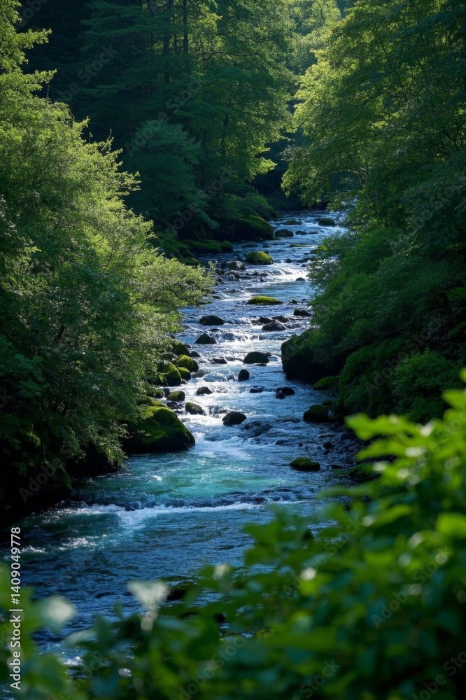 Fototapeta premium arafed view of a river running through a forest filled with trees