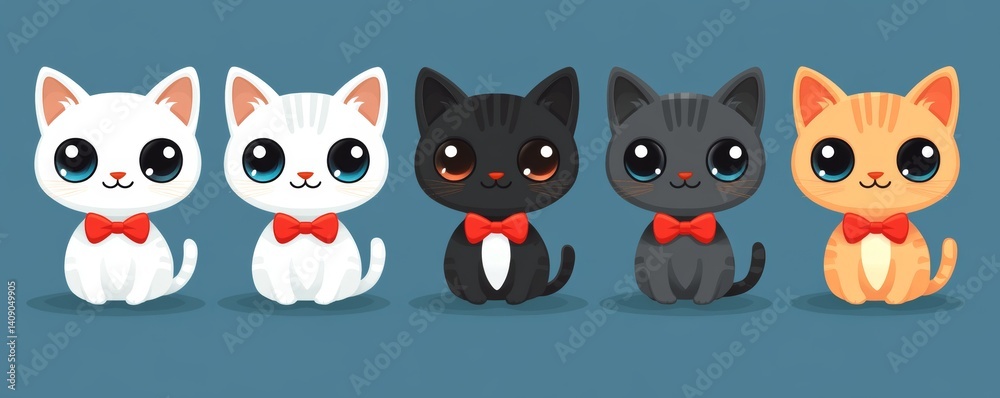 A teal background serves as the setting for four endearing cartoon cats dressed in red bow ties A teal background serves as the setting for four endearing cartoon cats dressed in red bow ties