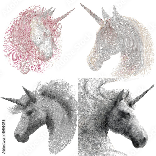 Elegant unicorn head illustrations in textured sketch style with pastel and grayscale tones. Ideal for fantasy art, mythical creatures, fairy tales, and magical character designs.

