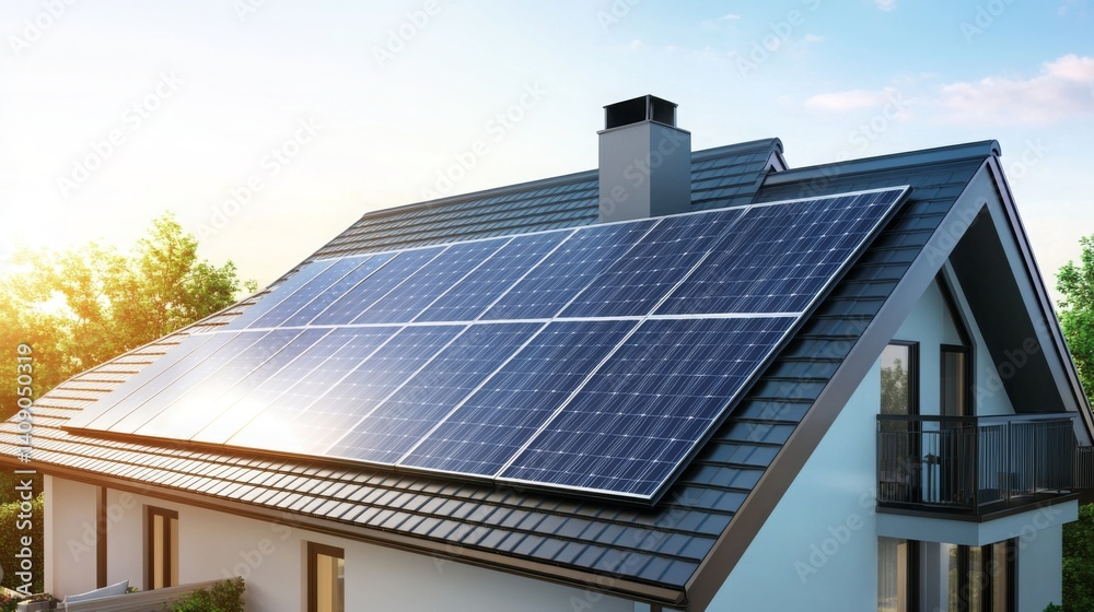 Fototapeta premium Solar panels installed on a modern home rooftop during a sunny afternoon