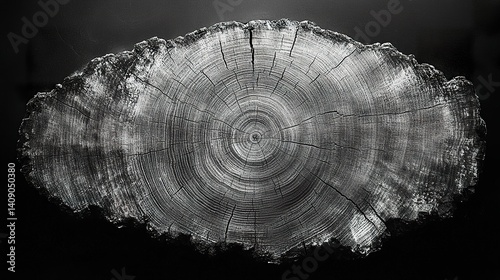 Abstract black and white pattern formed by tree growth rings, overhead view, nature-inspired symmetry, minimalist texture  