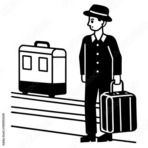 A silhouette of a traveler waiting at a train platform, with luggage beside them