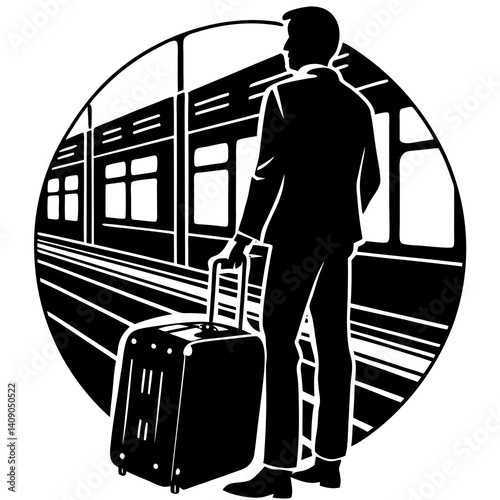 A silhouette of a traveler waiting at a train platform, with luggage beside them