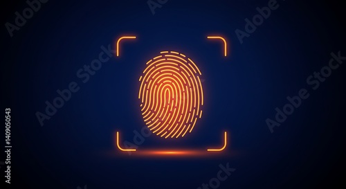 Glowing orange fingerprint scan with frame on a dark blue background for identification process security