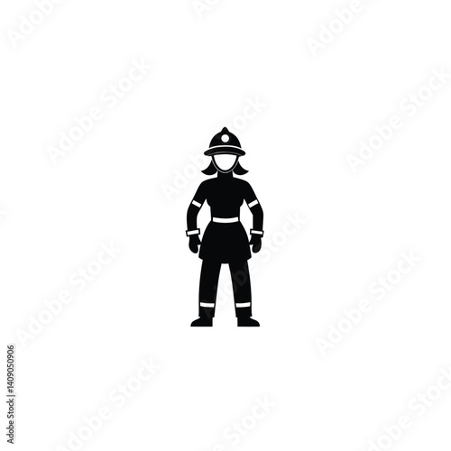 female firefighter in full gear, full black silhouette on white background