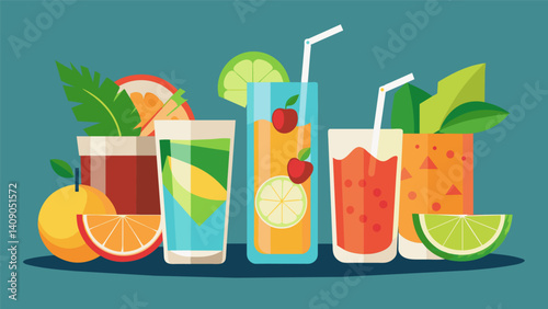 An array of refreshing beverages including tropical fruit juices and classic mojitos are served to quench thirst and complement the rich flavors of the food.. Vector illustration