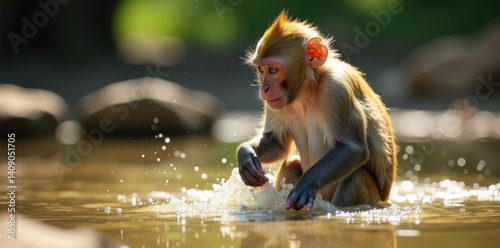 Monkey splashing and playing in a waterhole on a hot day, wildlife, savannah